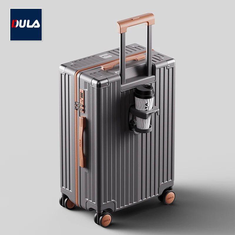 DULA Carry On Luggage with Cup Phone Holder Hard Shell Rolling Travel Suitcase with Spinner Wheels 20 24 26 Inch