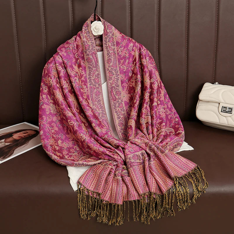 Cashmere Pashmina Shawl With Autumn Print Design, Olive Accents And Gold-Toned Fringe — Red | KIMLUD