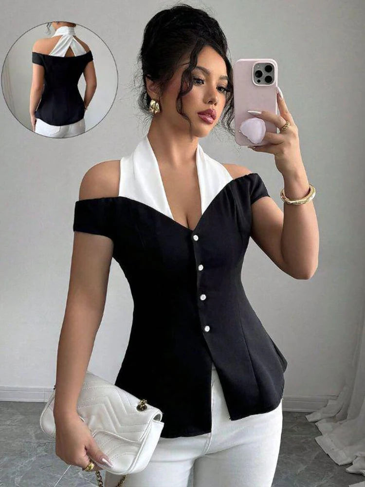 Off-Shoulder Halter-Neck Top Button Front Dramatic Contrast Panel — Black And White | KIMLUD