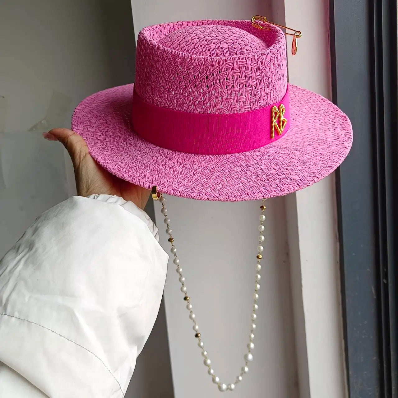 Chain Strap Straw Hat summer beach straw hat pearl Pork pie sun hat new  elastic ribbon hat 여름모자