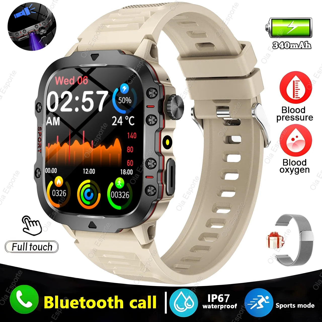 Rugged Military Fitness Smart Watch Men For Android IOS IP67 Waterproof Health Monitor Sport Ai Voice Calling Smartwatch Outdoor