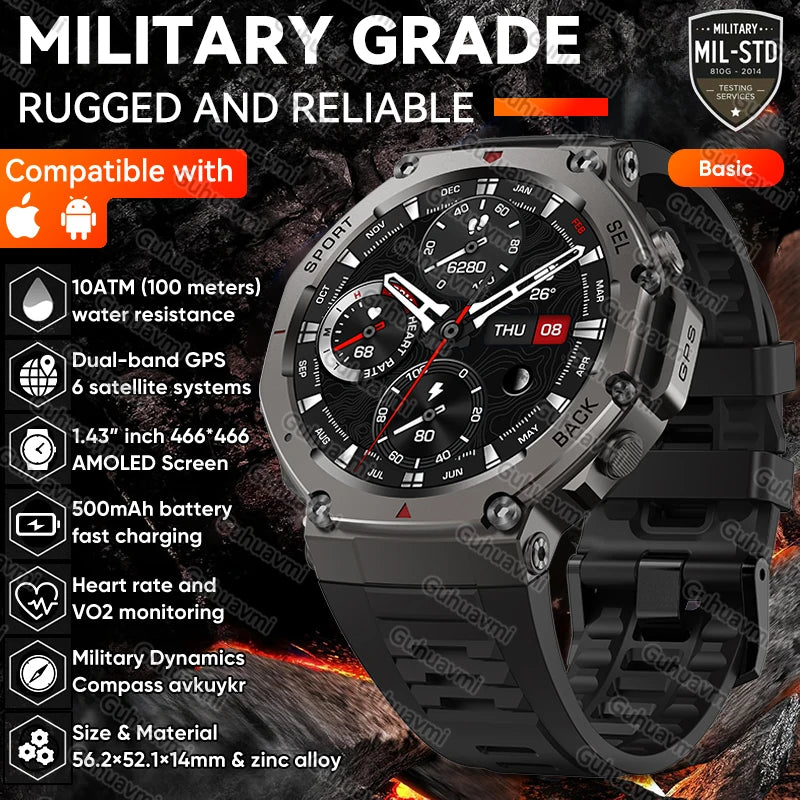 T-Rex 3 Built-in Dual-band GPS Military SmartWatch Men Compass Altimeter Barometric 10ATM&IP69K Waterproof 170+ Sport Smartwatch