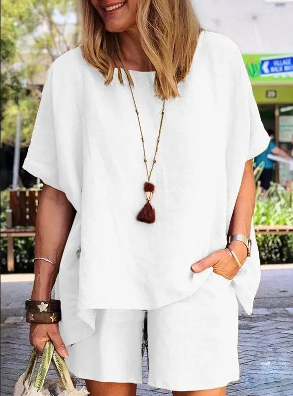 Cotton-Linen Two-Piece Set Plus Size Relaxed-Fit Short-Sleeve Top And Shorts — Steel-Blue | KIMLUD