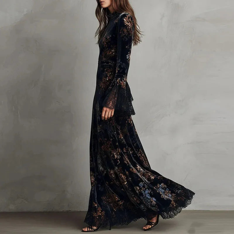 Velvet Floral Print Maxi Dress With O-Neck Empire Waist Long Sleeves — Black | KIMLUD
