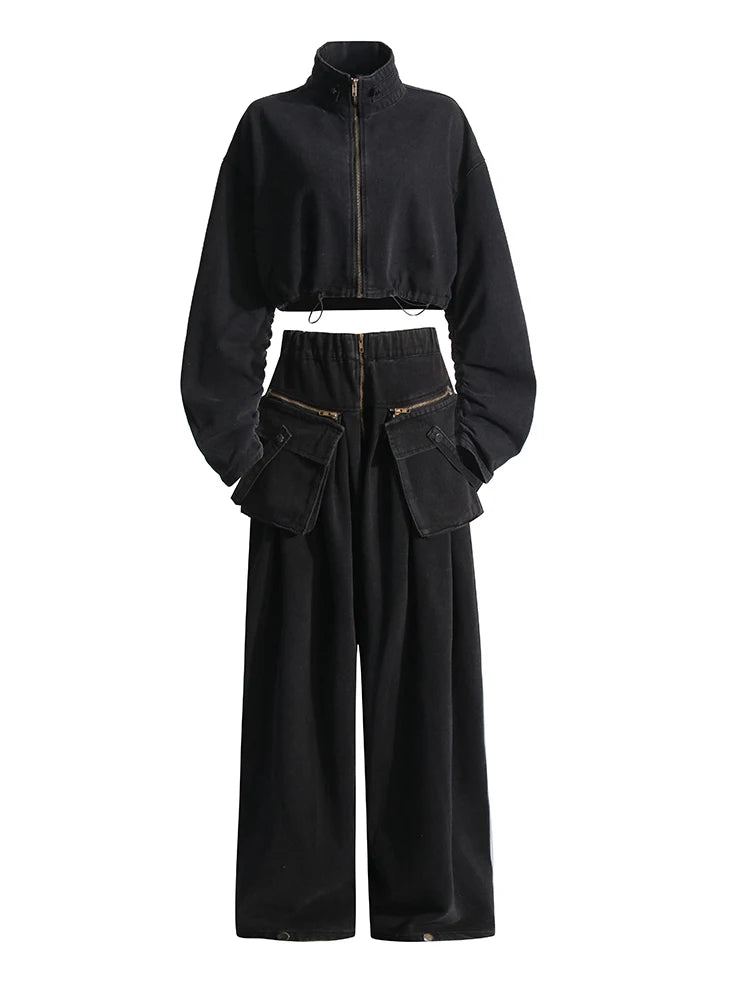 CHICEVER Denim Women's Sets For Women Lapel Long Sleeve Spliced Drawstring Tops High Waist Oversize Jeans Solid Set Female 2024 - KIMLUD