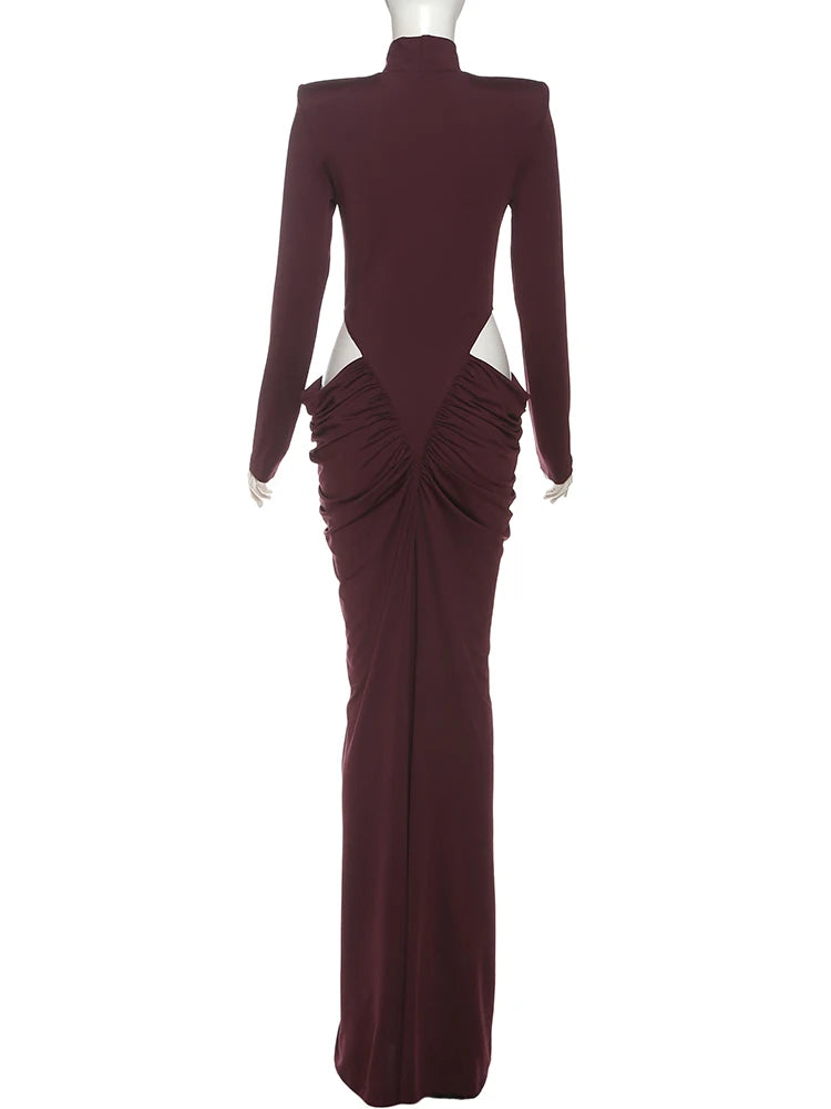 SiSterlinda Ruched Waistless Maxi Dress Women Sexy Shoulder Padded Patchwork Turtleneck Elegant Stretch Skinny Evening Bodycon