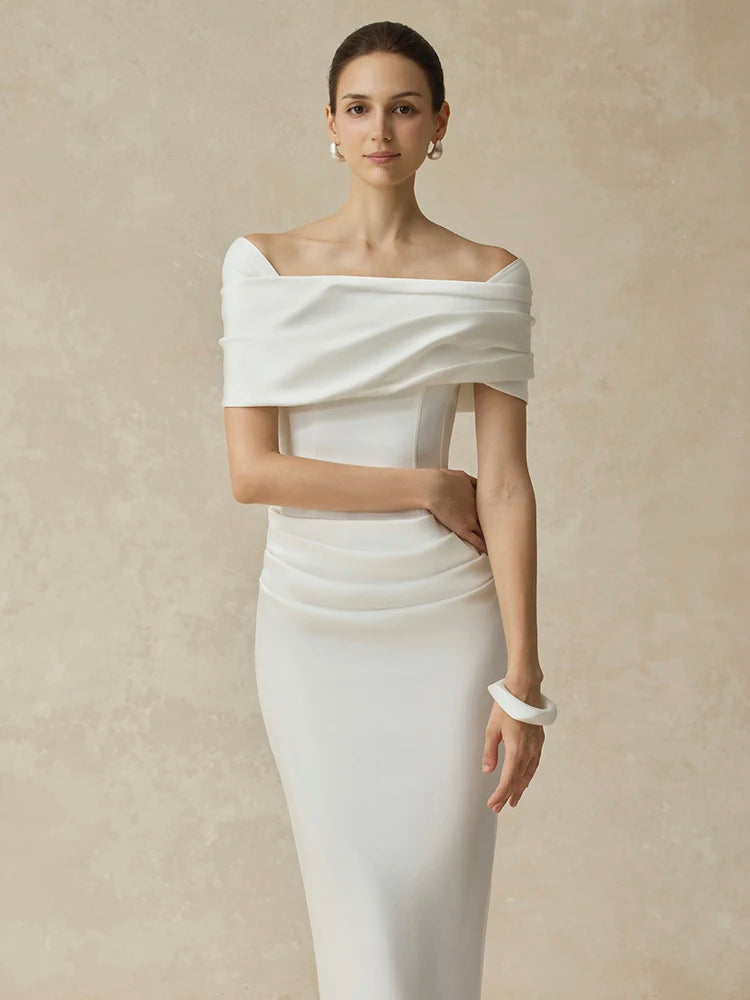 Polyester Slash-Neck Pleated Back Ankle-Length Evening Dress — Black | KIMLUD