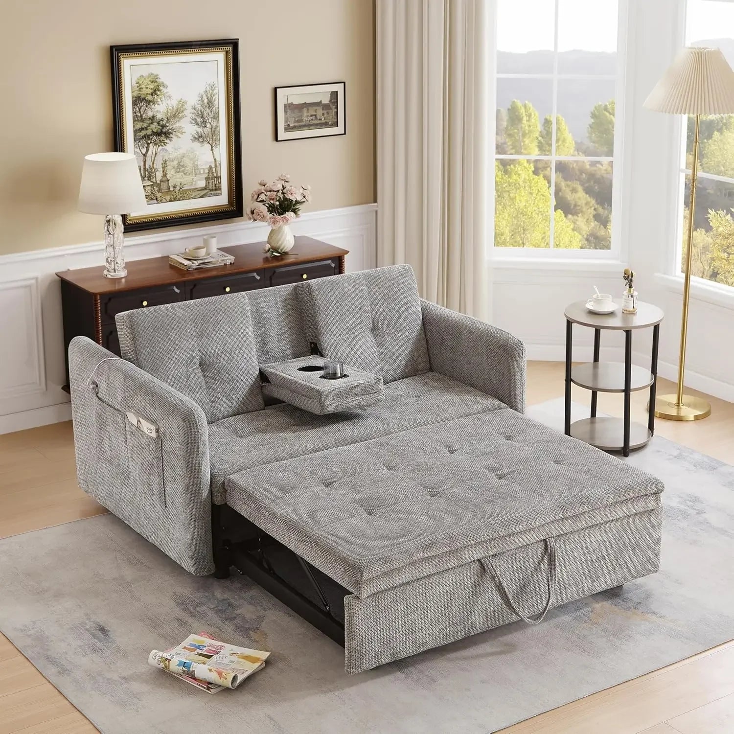 Fabric Upholstery Convertible Sofa Bed With Pull-Out Sleeper, Cup Holders And USB Ports — Brown | KIMLUD
