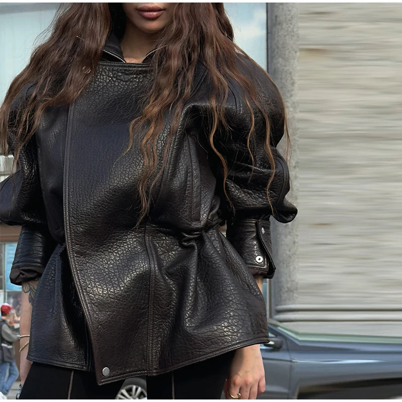 Chic Textured Leather Jacket Women Urban Lapel Drawstring Asymmetrical Loose Full Sleeve Jackets Female 2025 Edgy Lady Coats New