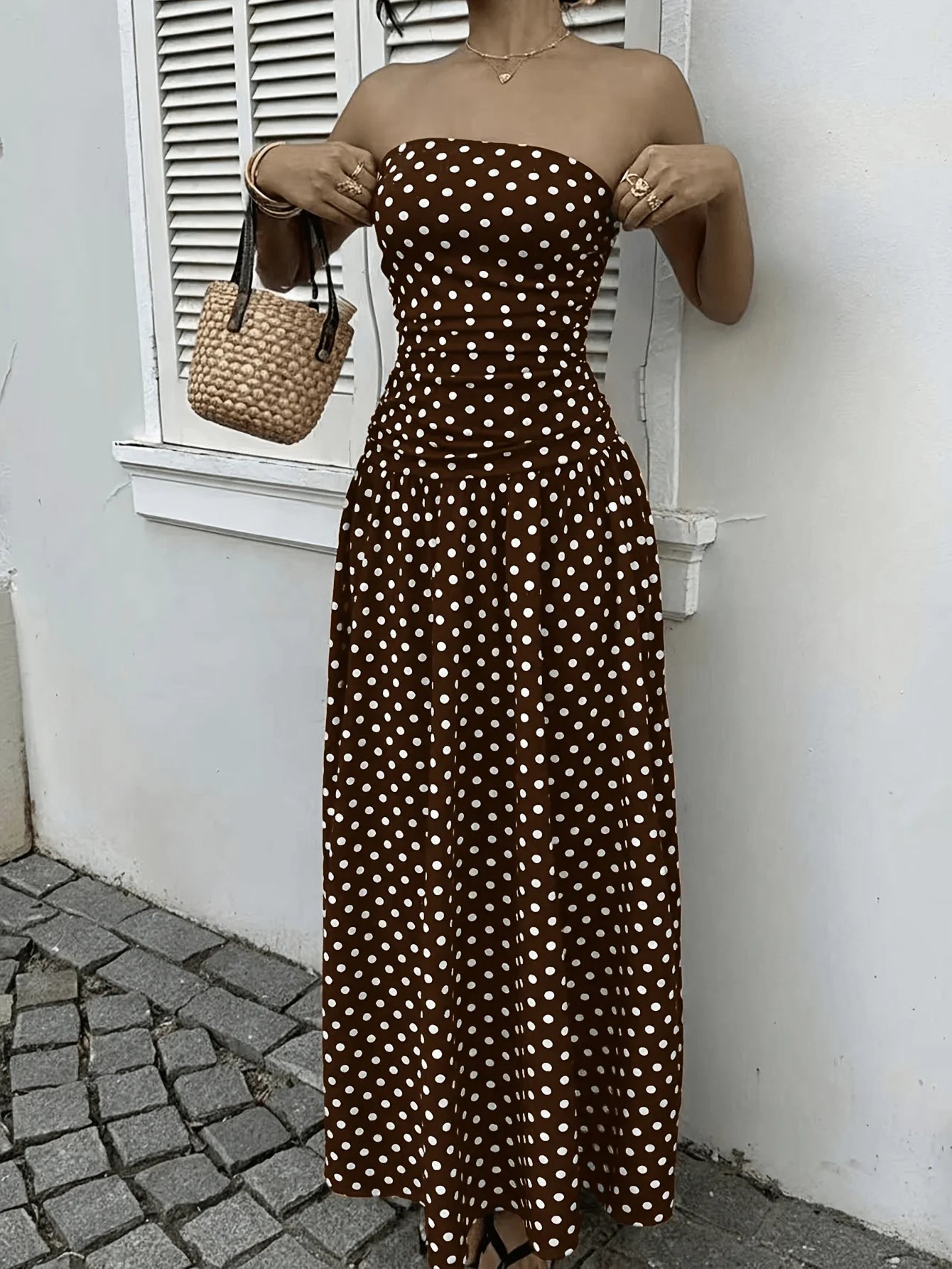 Polyester Polka Dot Maxi Vest Dress — Brown | KIMLUD