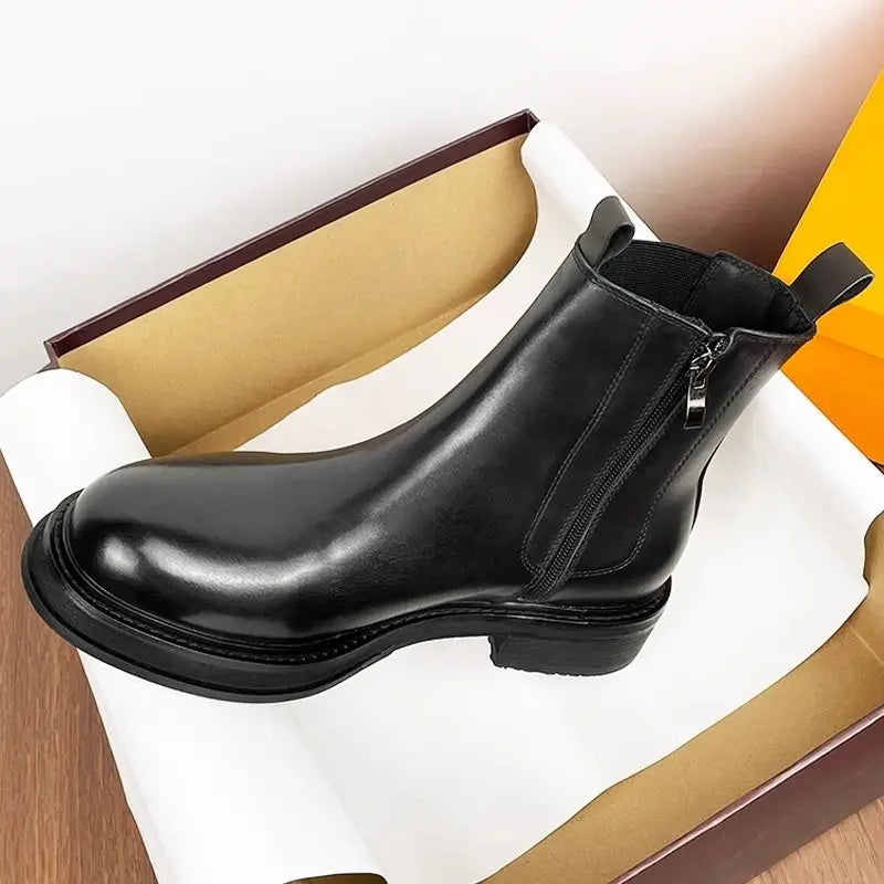Leather Chelsea Boots Mid-Calf Round Toe — Black | KIMLUD