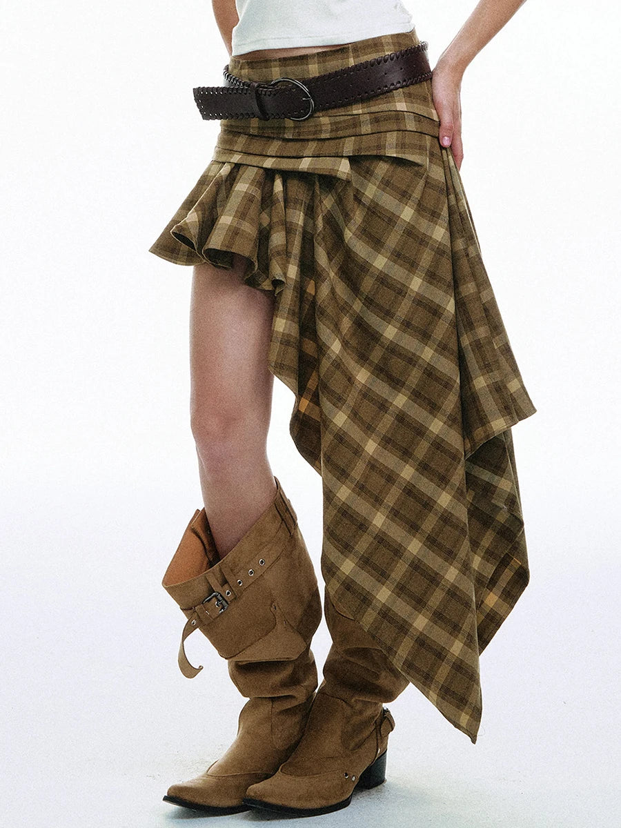 Skirt – Asymmetric Wrap Ruched Waist – Polyester – Plaid | KIMLUD