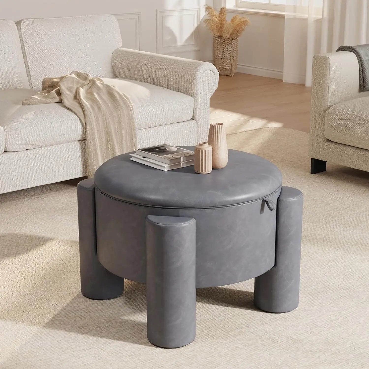 Storage Ottoman with Removable Top, 24" Round Coffee Table Ottoman & Upholstered Footrest, Faux Leather Ottoman for Small