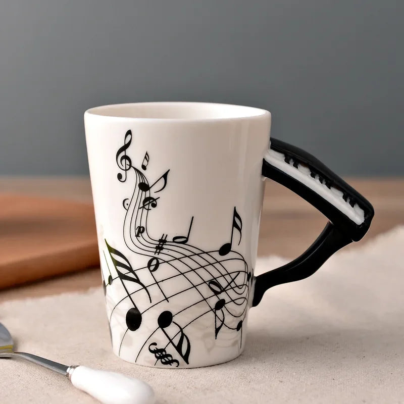 Bone China Mug With Music Note Motif And Delicate Guitar Handle — White | KIMLUD