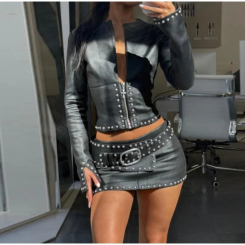Jacket Skirt Set - Studded Trim - Cropped Zip-Up - Women | KIMLUD