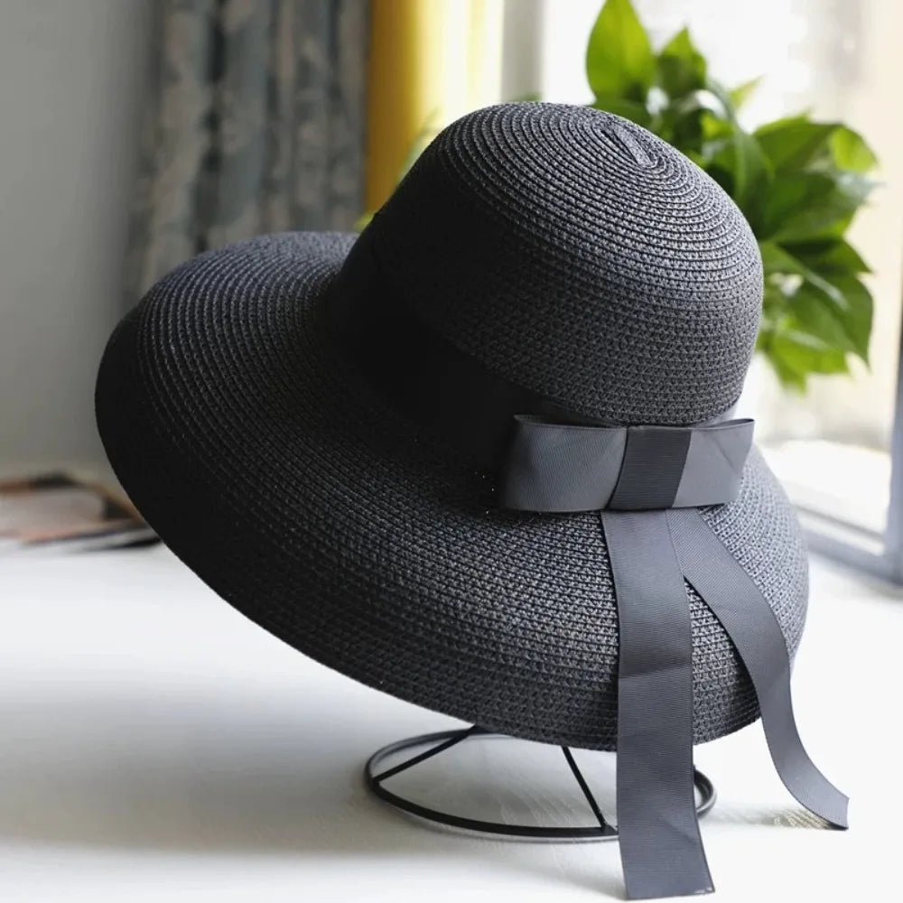 Vintage Breathable Straw Wide Brim Hat — Black | KIMLUD