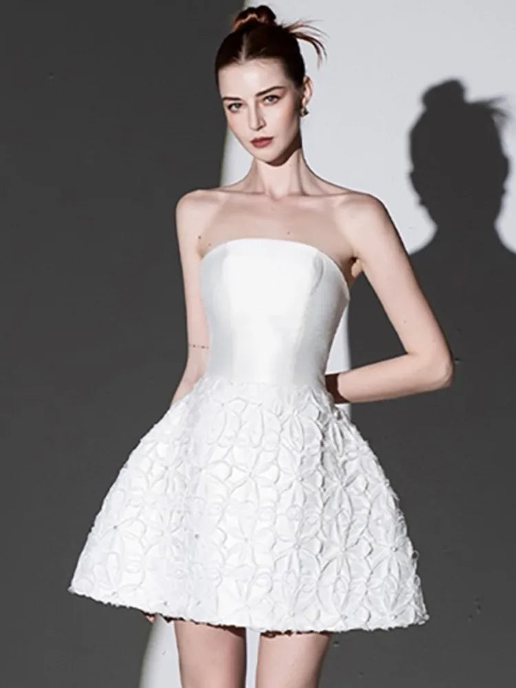 Eshin 2024 Spring New Women's 2 Pcs Set O Neck Long Sleeve Crop Top Strapless High Waist Mini Elegant Flower Dress Suit TH6368