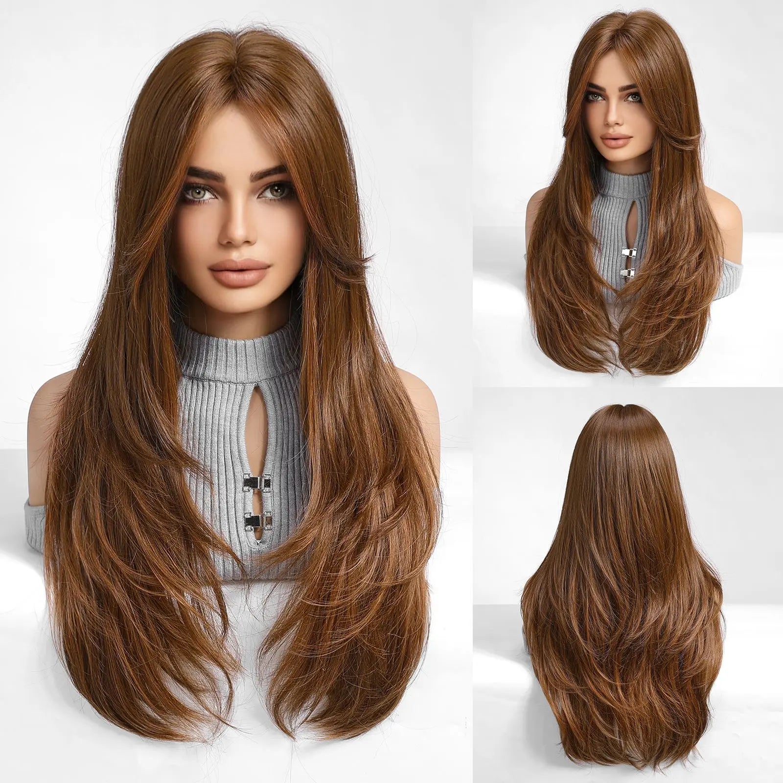 ALAN EATON Chestnut Brown Synthetic Wig with Bangs Long Straight Wig Natural Layered Hair Smooth Soft Daily Wig Heat Resistant