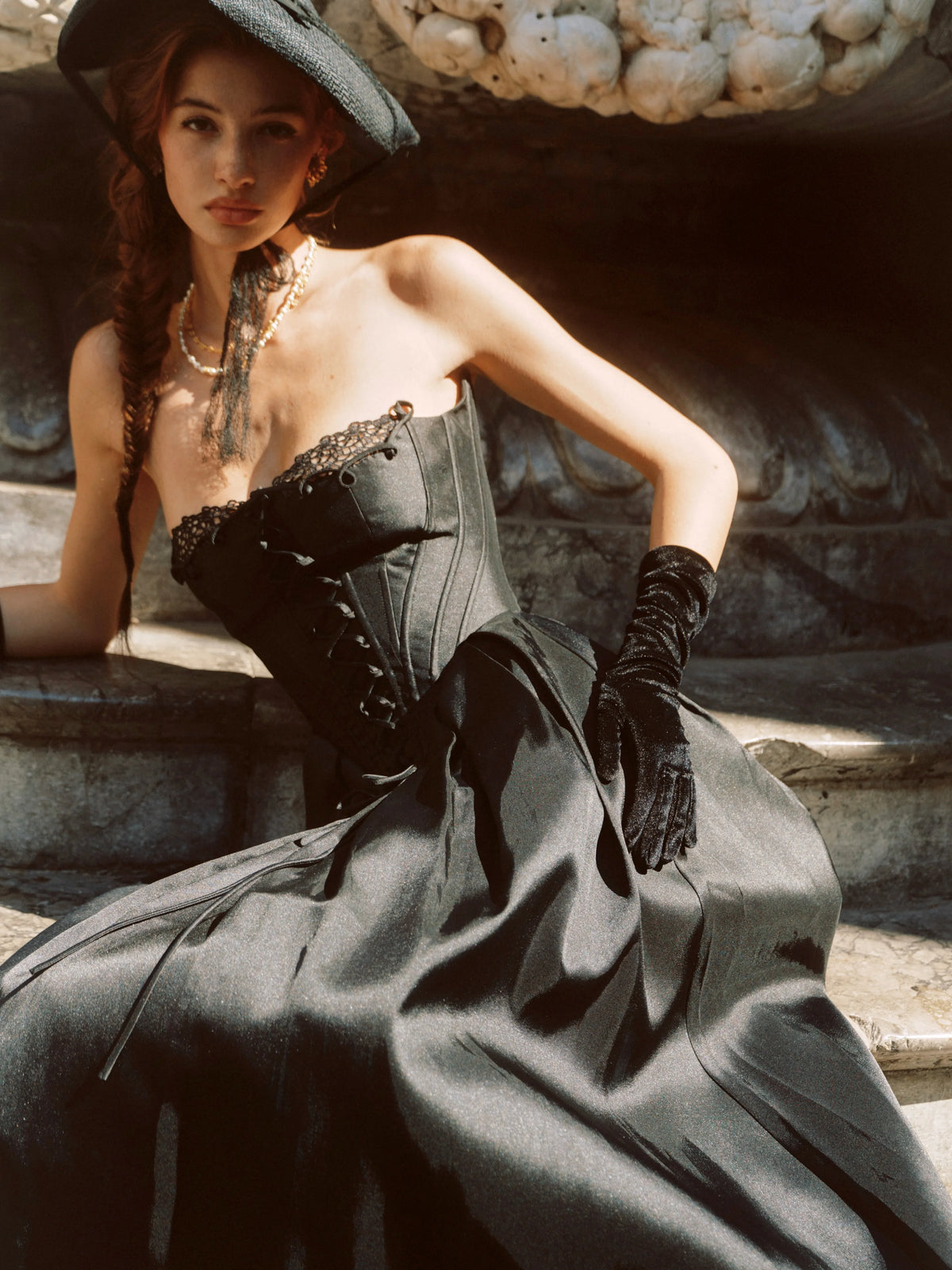 Ofherown Black Strapless Corset Dress Women Lace Trim Maxi Prom Dress Vintage Formal Evening Gown Wedding Guest 2026