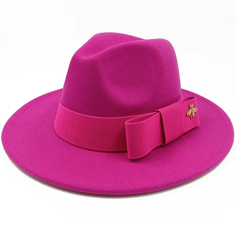 Low price wholesale Fedora hats Winter jazz monochrome bow elastic band men and women red jazz hats Fedora hats sombrero hombre - KIMLUD