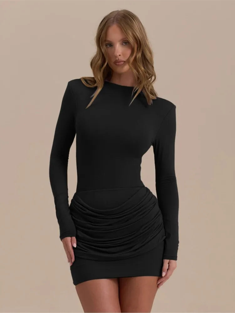 Polyester Pleated Stretch Long Sleeve Dress Gathered Hip Silhouette — Jet Black | KIMLUD