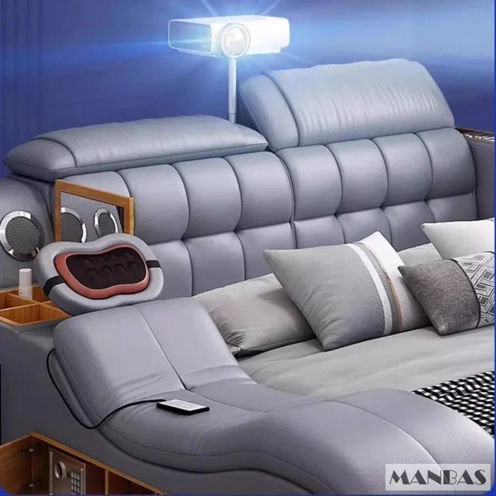Genuine Leather King-Size Bed With USB Massage — Graphite Gray | KIMLUD
