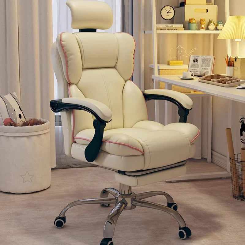 PU Leather Ergonomic Office Chair On Wheels Blush Piping — Cream Ivory | KIMLUD