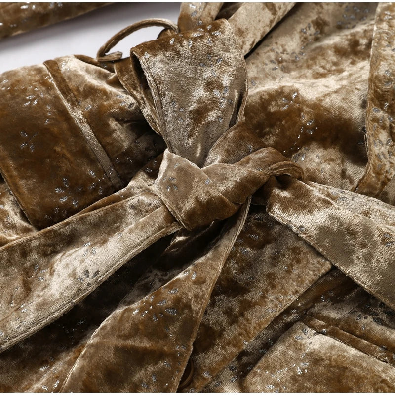 Fashion Velvet Print Lapel Belt Suit Pant Set Women Solid Lace Up Full Sleeve Blazer Wide Leg Cuffed Pants 2025 Autumn Lady Sets