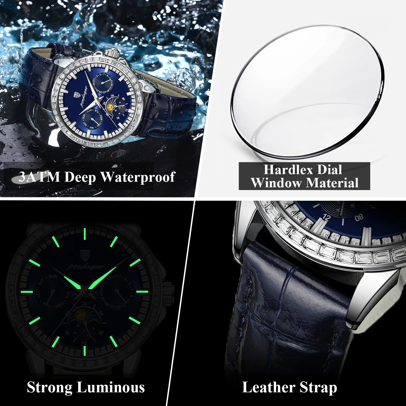 POEDAGAR Luxury Diamond Wristwatch For Men Date Week Waterproof Luminous Man Watch Fashion Business Leather Men's Quartz Watches