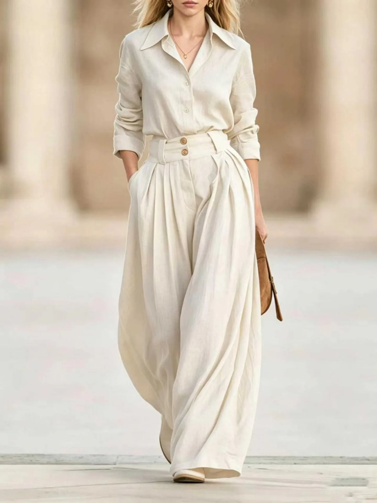 Two Piece Set – Lapel Shirt and Pleated Wide Leg Pants – Loose | KIMLUD