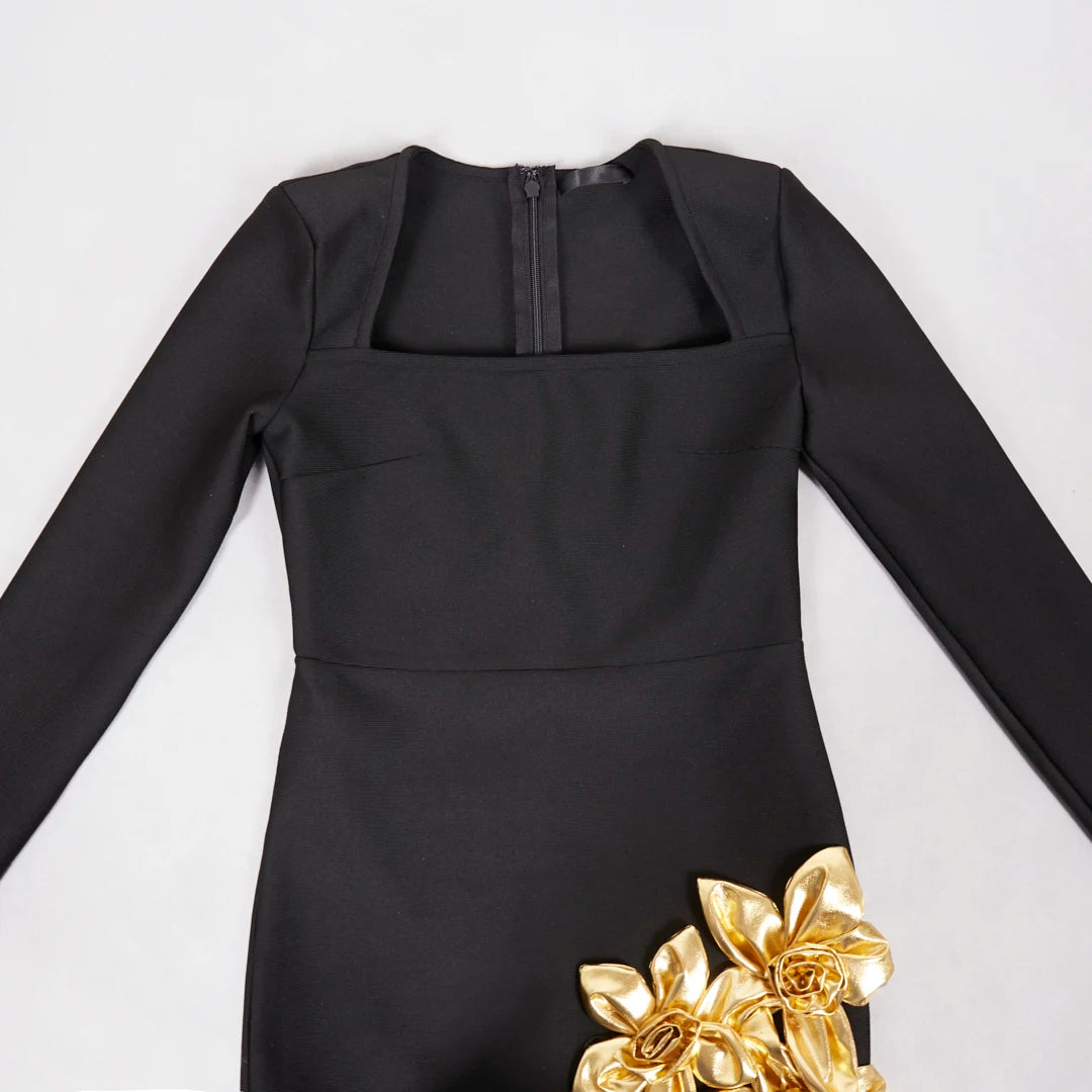 Bandage Bodycon Dress Long Sleeve Square Collar Gold Florals — Black | KIMLUD