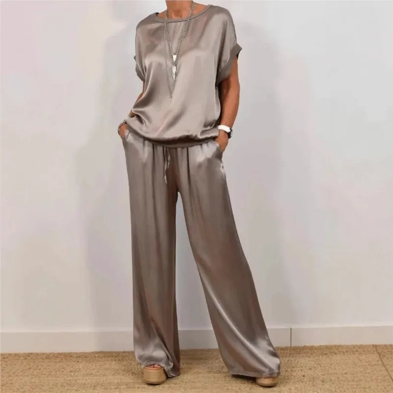 2025 Spring Satin Oversize Women Suit Black V-neck Tops Long Pants Loose Suits Female Summer Casual Trendy Ladies Clothes Sets