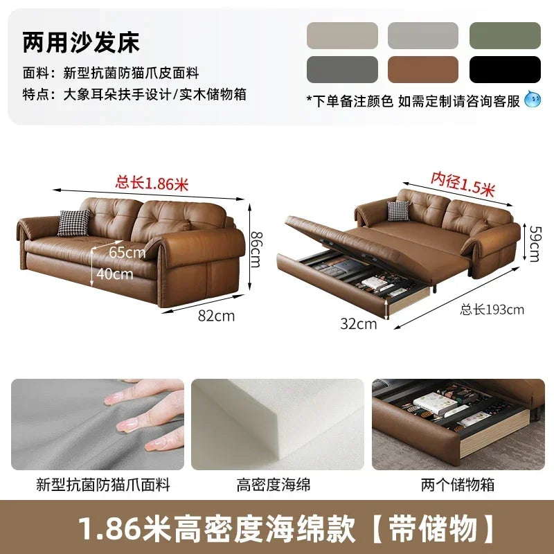 Faux Leather Sofa Bed Italian Modern Silhouette With Convertible Chaise Lounge — Brown | KIMLUD