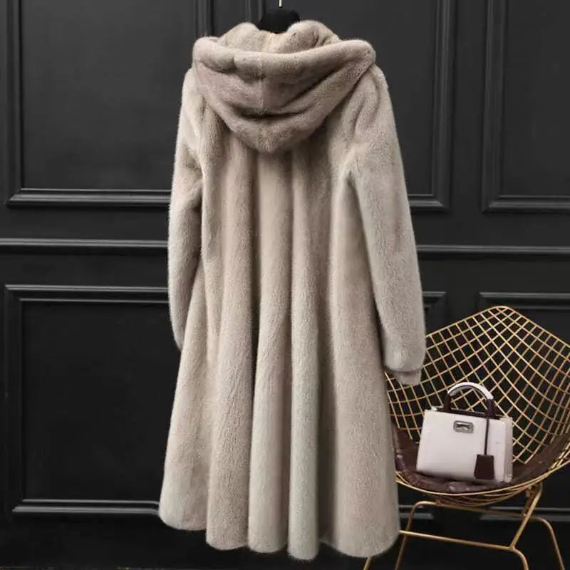 Mid-Length Hooded Luxe Faux Fur Coat — Black | KIMLUD