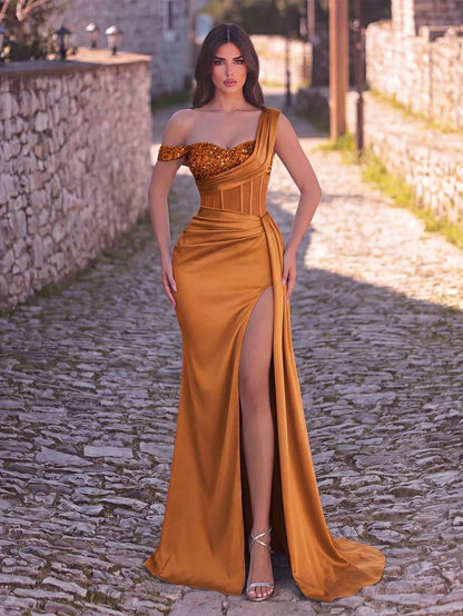 Mermaid Evening Dress – Off Shoulder – Polyester – Gold | KIMLUD