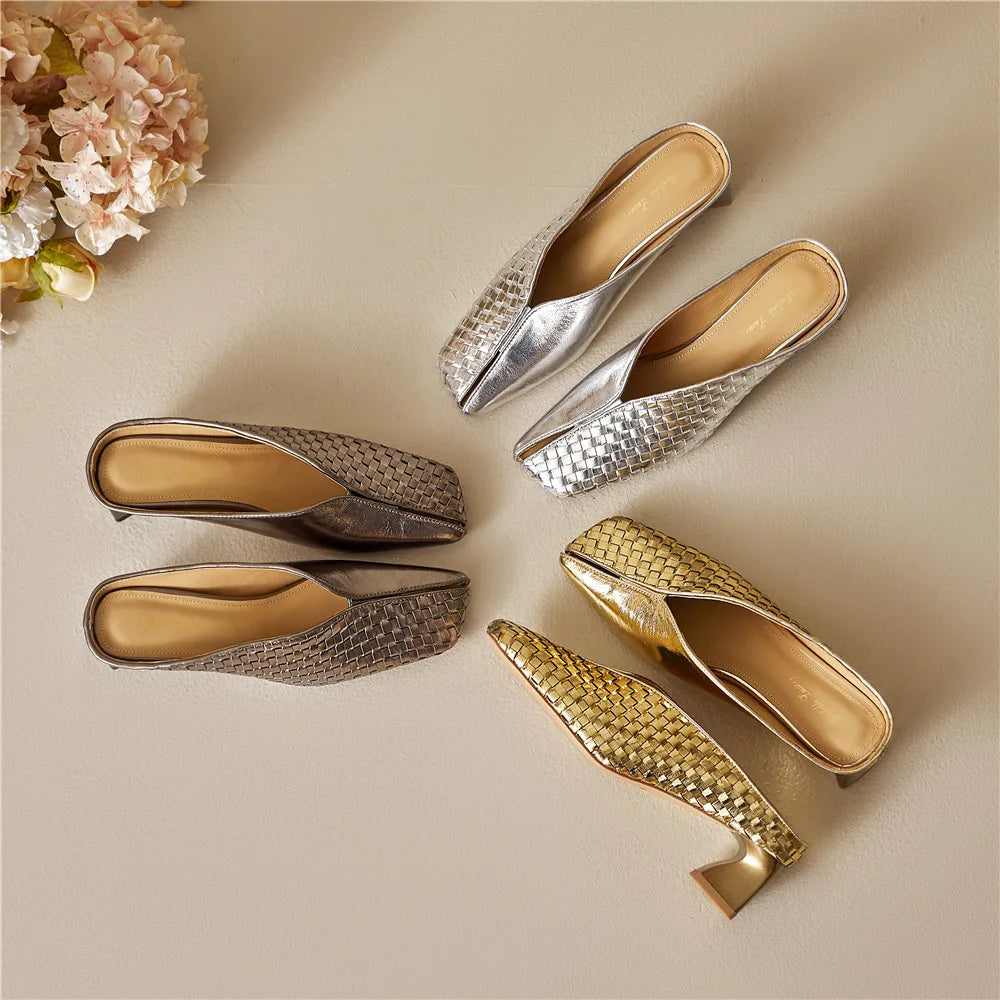 Metallic Cow Leather Slip-On Heels — Gold | KIMLUD