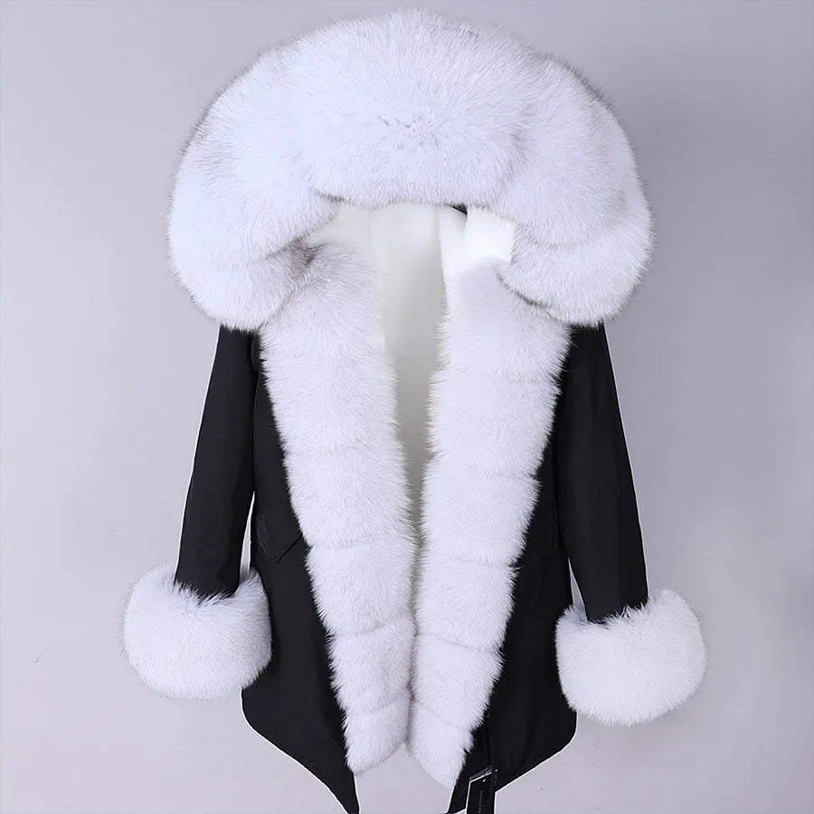 Maomaokong Winter Women Luxur Beige Fur Coat Natural Real Fox Fur Waterproof Jacket Hooded Thick Warm Fashion Long Black Parkas