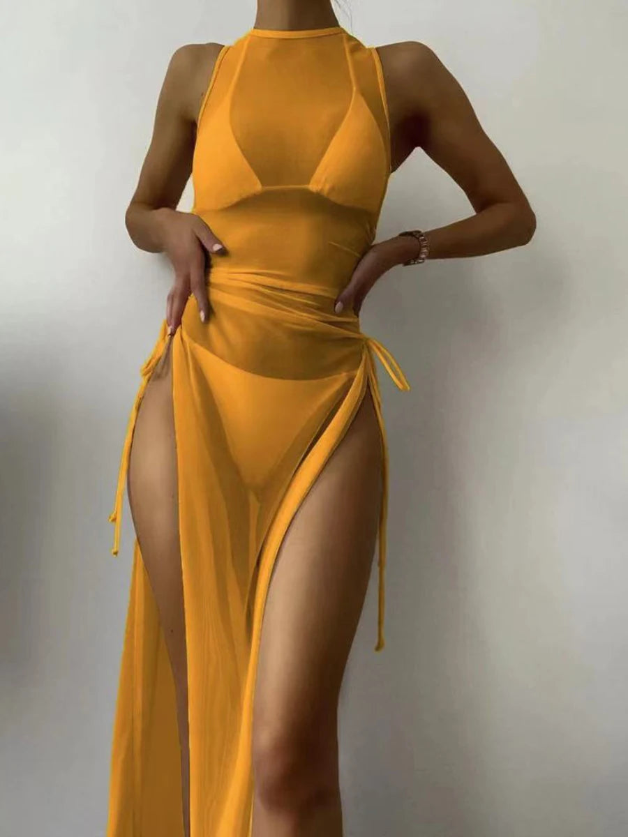 3 Pieces Thong Bikini 2023 Women With Dress String Swimwear Female Solid Swimsuit Beach Wear Bathing Swimming Suit Summer - KIMLUD