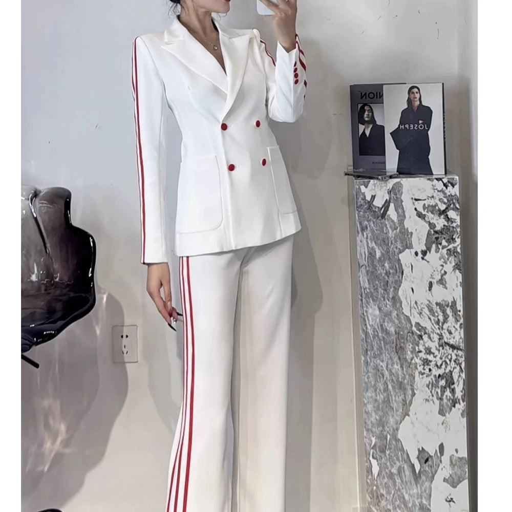 Luxury Women 2 Piece Pants Sets Double Breasted Peak Lapel Regular Length Slim Fit Female Clothing High Quality Blazer Trousers
