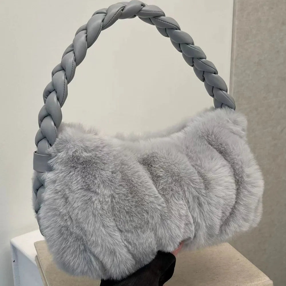 Elegant Furry Shoulder Bag Fluffy Soft Plush Handbag Solid Color Zipper Tote Bag