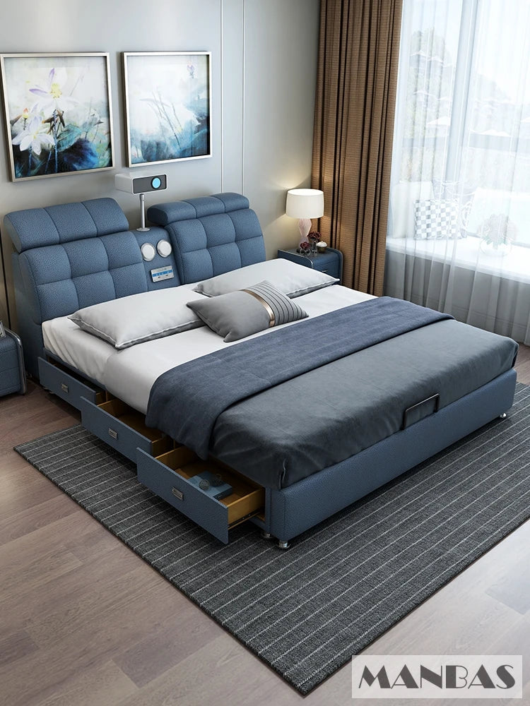 Genuine Leather Bed Frame Smart Multifunctional Tech — Ivory | KIMLUD