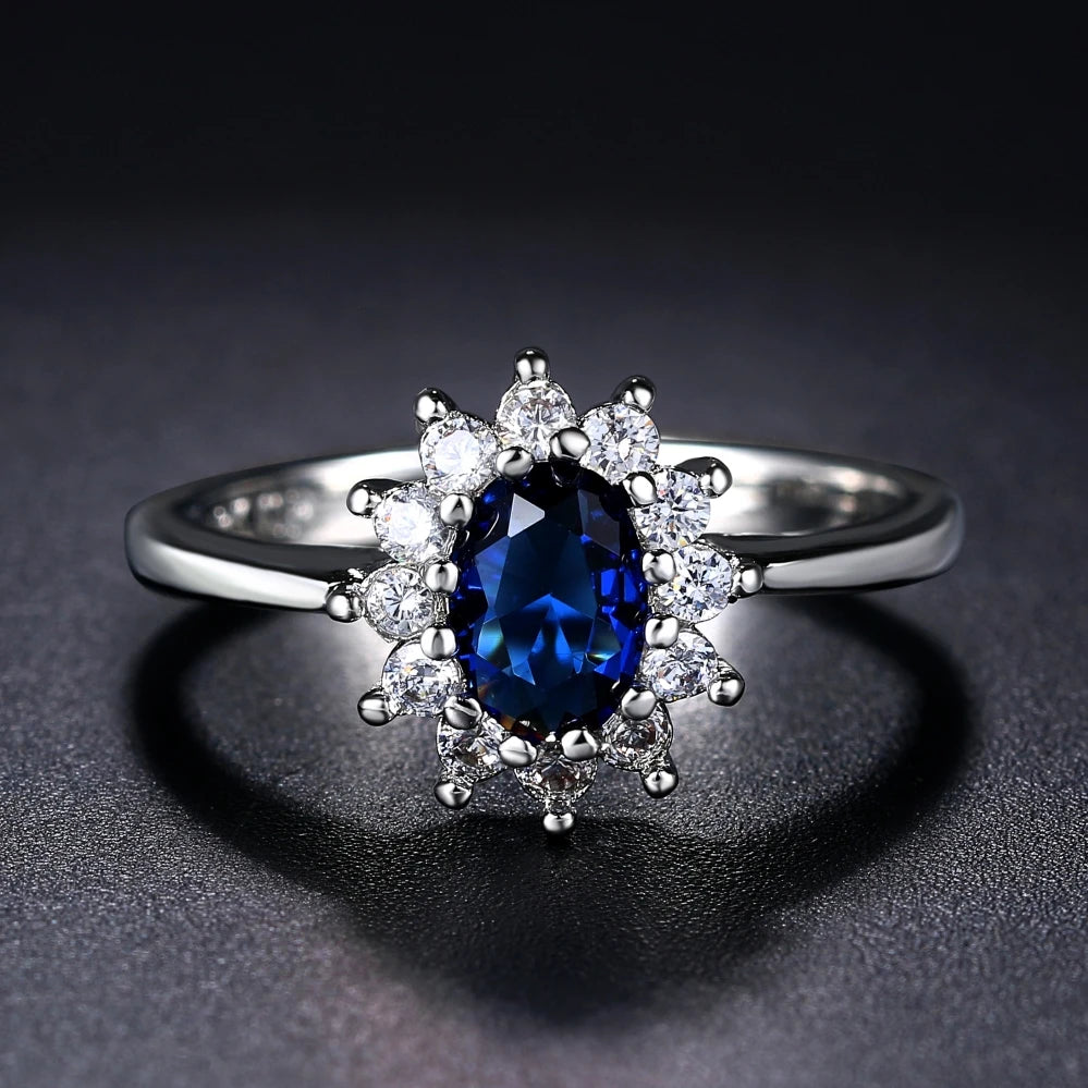 Cubic Zirconia Ring Twilight-Blue Center Stone Halo Setting Engagement Bridal Ring — Blue | KIMLUD