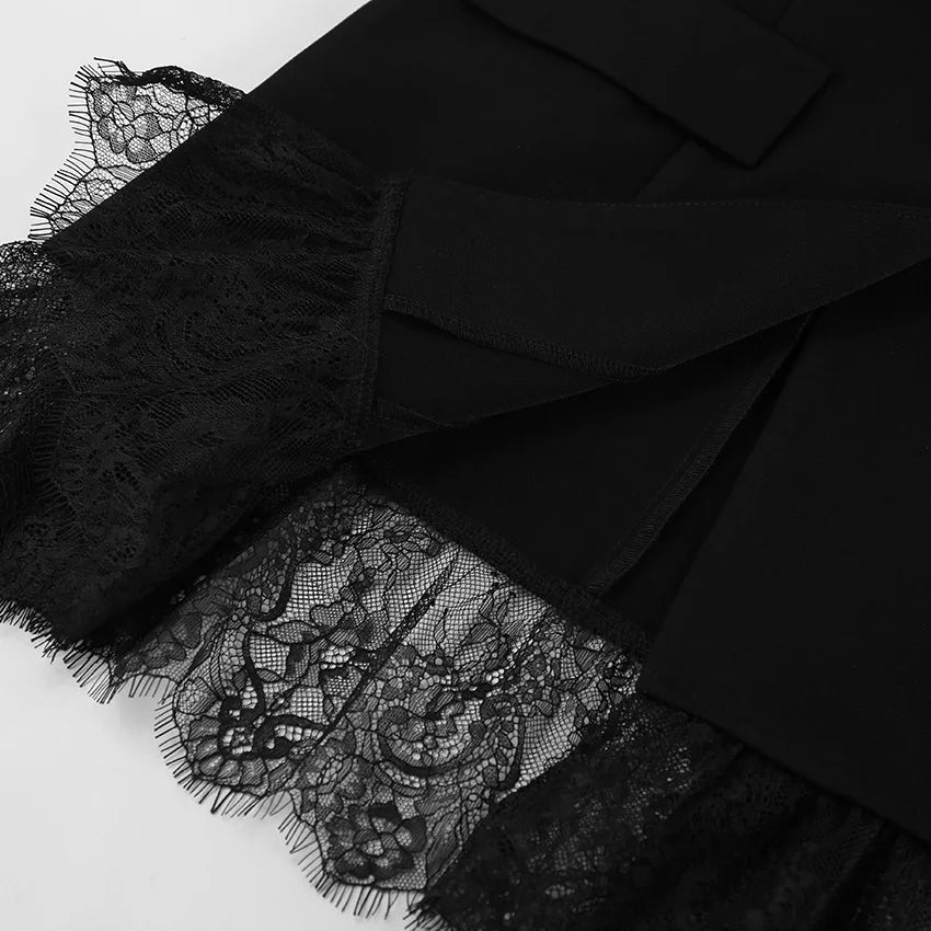 2025 Autumn and Winter New Fashion Black Small Suit Solid Jacket Design Sense Lace Splicing Commuting Long Sleeved Top Coat
