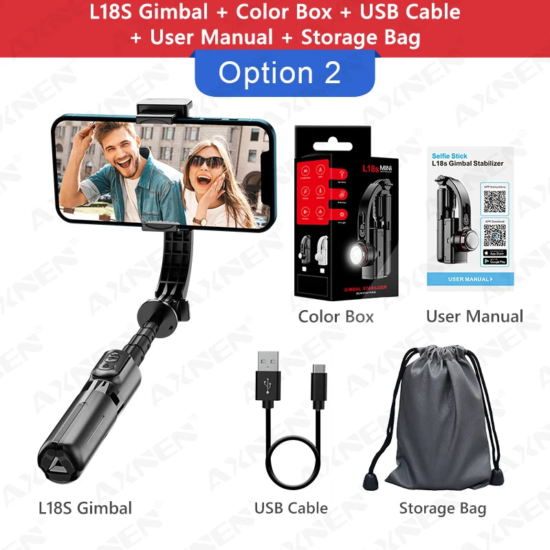 L18S Handheld Gimbal Stabilizer for Android iPhone Smartphone, 360 Rotate Shot Selfie Stick Monopod Tripod with 3 Color Light