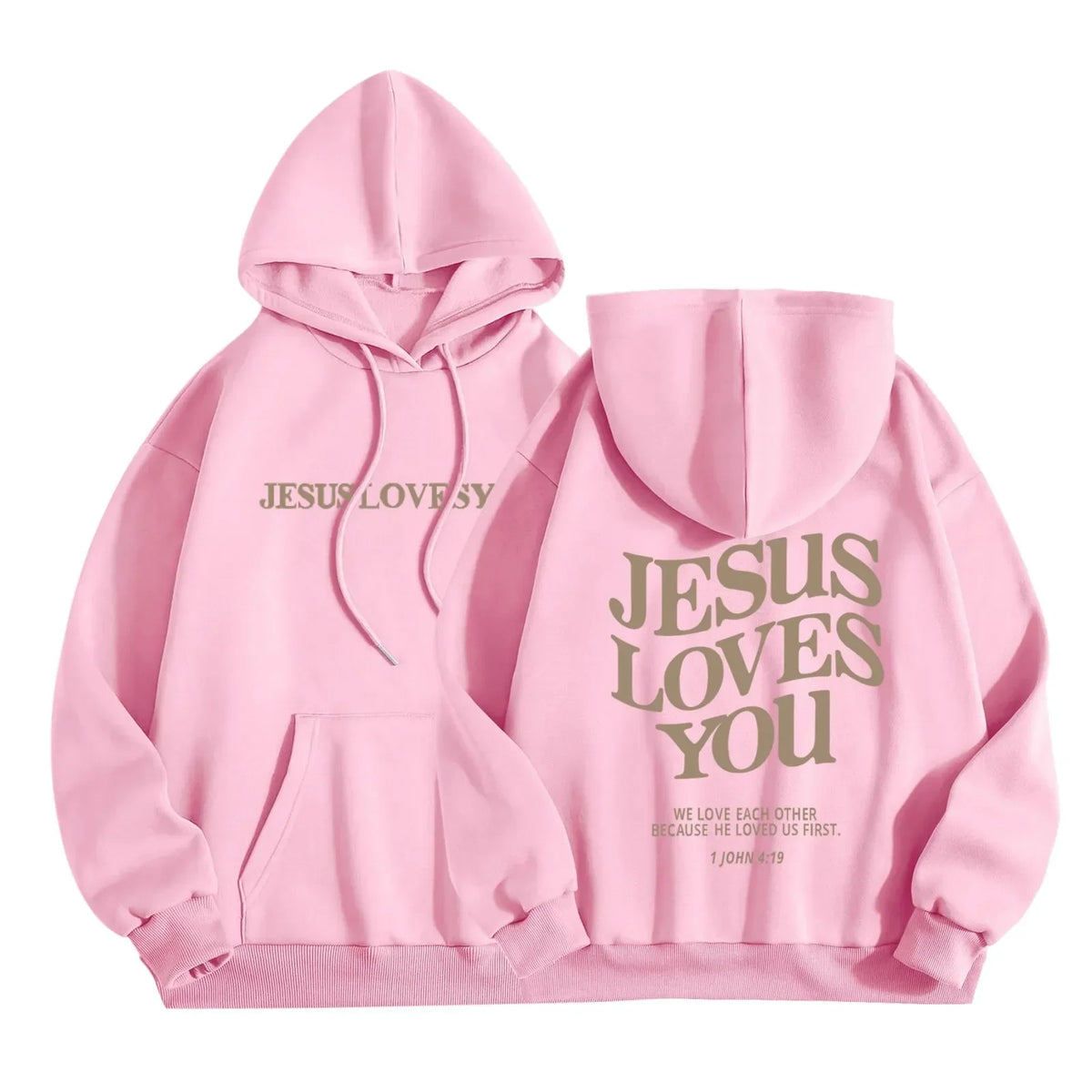 Pullover Hoodie - Jesus Loves You Print - Cotton-Polyester | KIMLUD