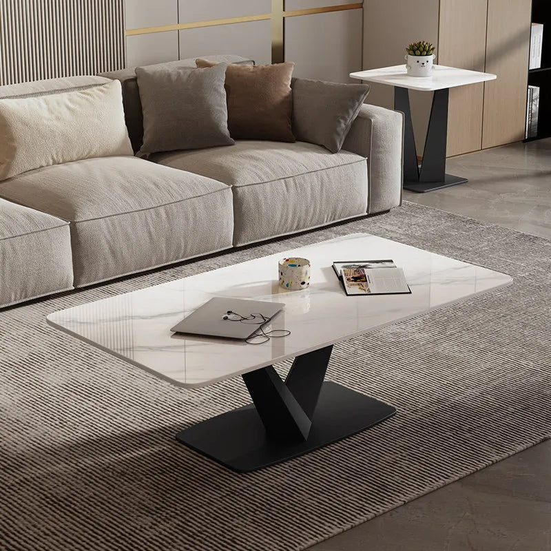 Marble Rock Slab Coffee Table Minimalist Modern Rectangle With Clean Lines — White | KIMLUD
