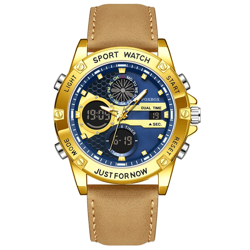 LIGE New Electronic Watches for Men Leather Men Military Sport Waterproof Dual Display Watch Quartz WristWatch Chronograph Clock