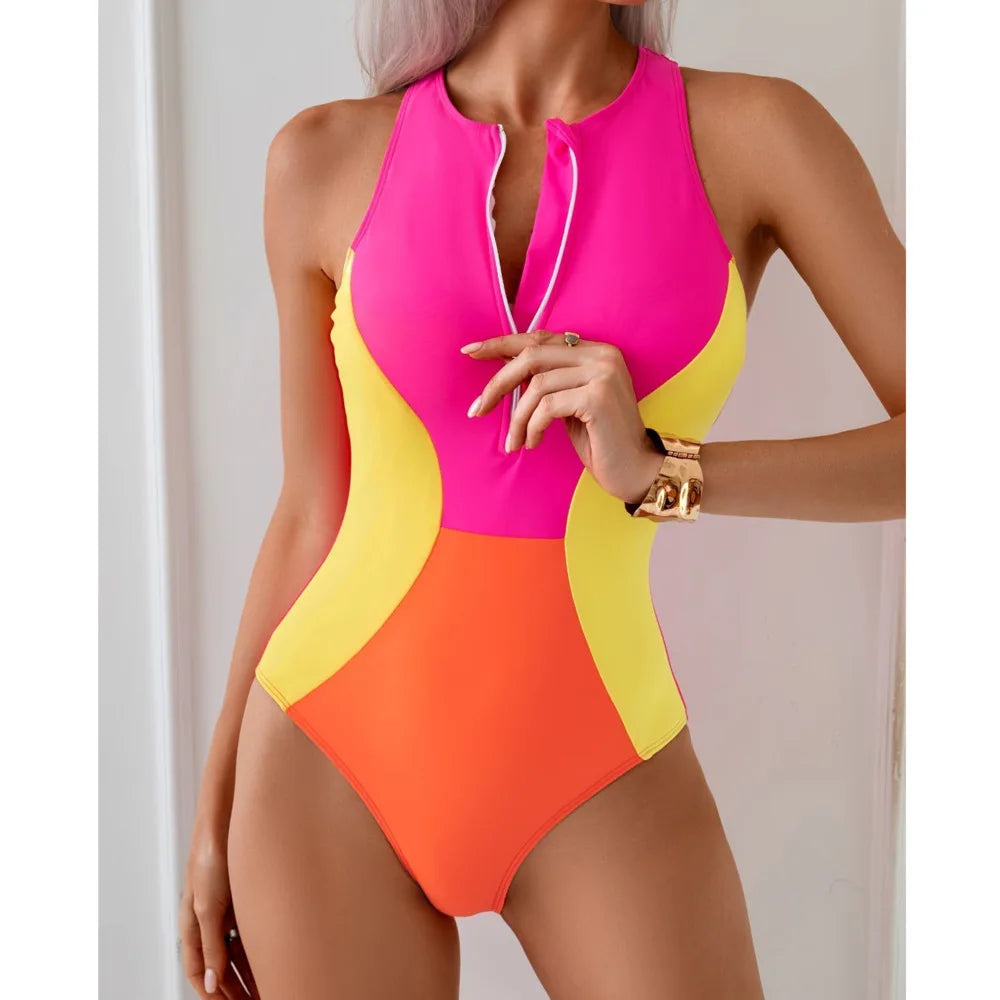 Color-Block One Piece Swimsuit Patchwork — Multicolor | KIMLUD