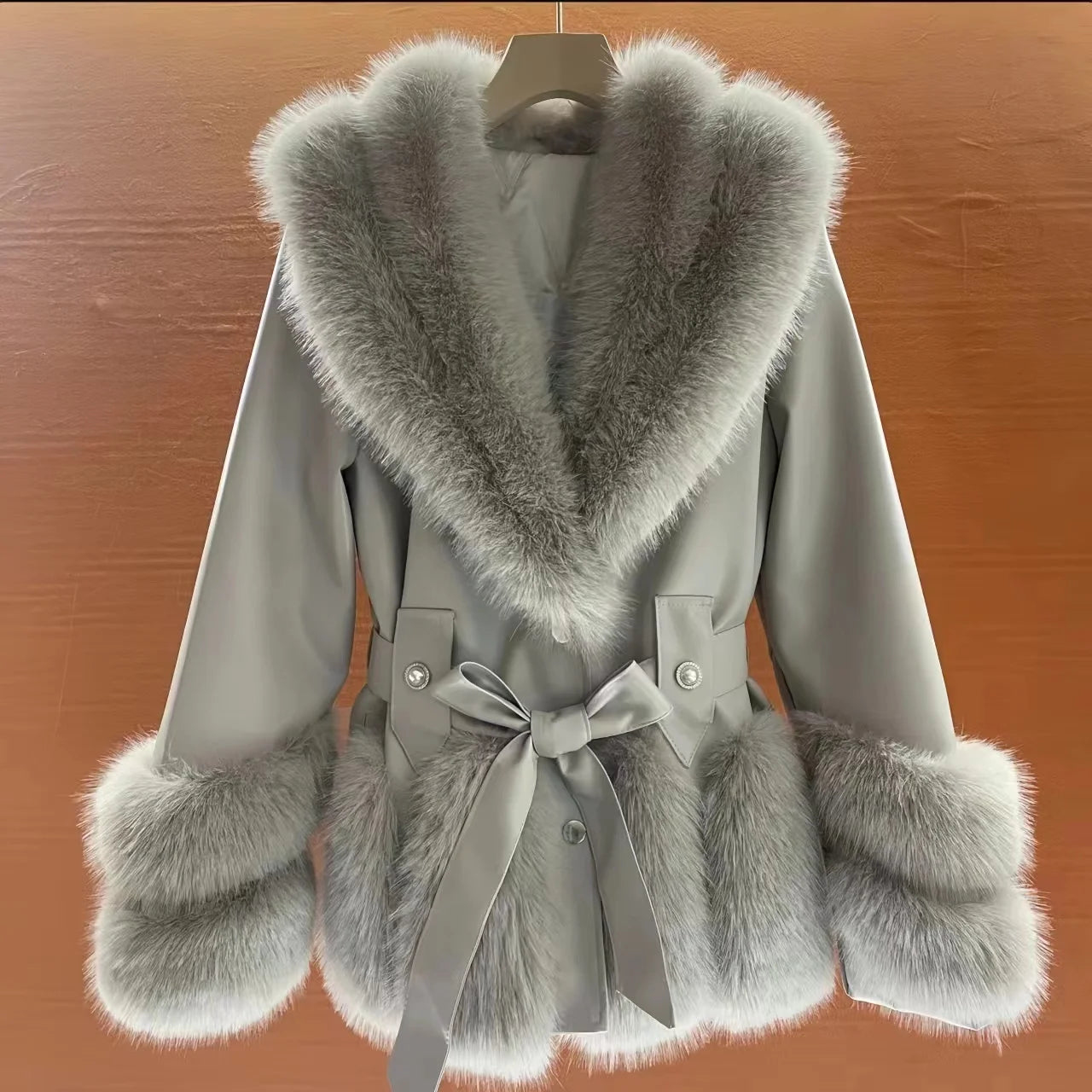 Faux Fur Coat for Women,Adjustable Waist Leather Jacket,Turn-down Collar, Thick Warm Clothes, High Quality, Autumn and Winter