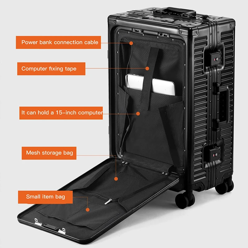 SUSHIMU 20-inch all-aluminum-magnesium alloy luggage with front opening, trolley suitcase, carry-on suitcase, metal travel